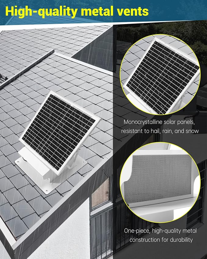 25W Solar Powered Roof Vent Fan with 8 Inch Removable Roof Vents, Ventilation and Cooling Solar Attic Exhaust Fan, Suitable for Lofts, Shops, Garages