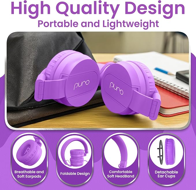 Puro Sound Labs Kids Wired Headphones – Volume-Limiting & Adjustable, Safe & Comfortable Headphones for Kids – Compatible with PCs, Smartphones & Tablets, Ideal for School & Travel – PuroBasic, Purple