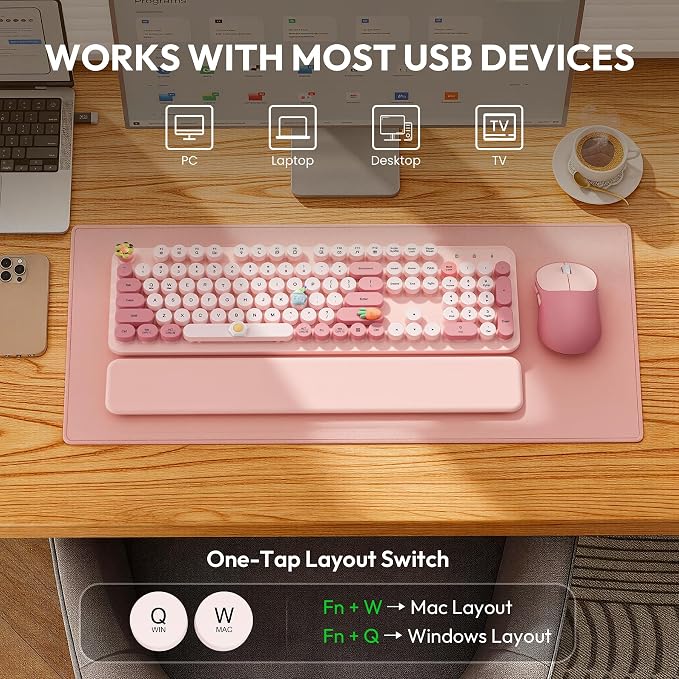 Wireless Keyboard and Mouse Combo, Typewriter Keyboard with Detachable Wrist Rest, Full-Size Retro Round Keycaps, Smart-Sleep, 2.4GHz Stable Connection for Mac/Windows/PC, Trueque(Rose Mist Pink)
