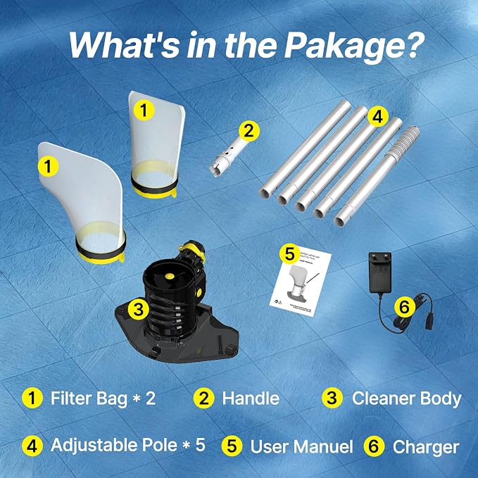 83GPM Big Rechargeable Pool Leaf Vacuum with 5-Section Pole, Cordless Pool Skimmer for Above-Ground & In-Ground Pools, Includes Standard & Fine Filter Bags for Leaves & Debris