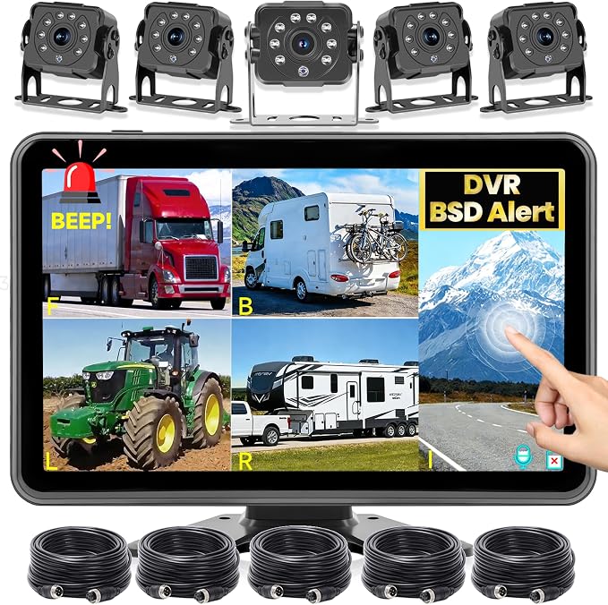 5-Channel Wired Backup Camera System, 10.1" HD Touch Monitor & 1080P Rear Side View Camera, Smart BSD Alert DVR Recording Waterproof IR Night Vision for Truck/RV/Trailer/Tractor/Bus/Heavy Equipment