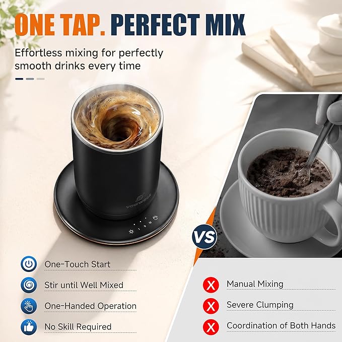 Self Stirring Heated Coffee Mug, 10 oz Auto Magnetic Mixing Cup, Black | 304 stainless steel interior. Includes 3 heat settings, 8H auto shut-off, plug-in base for home office desk
