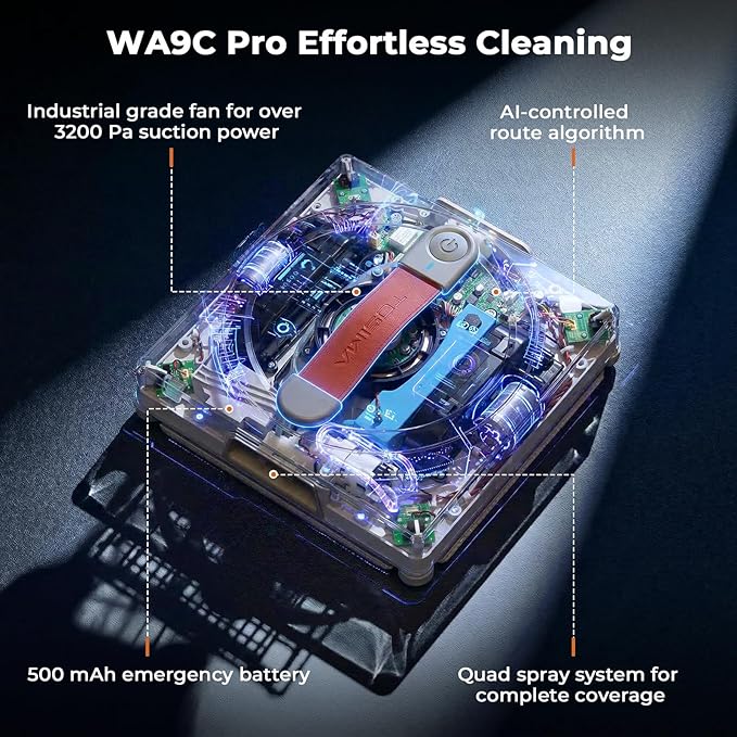 Tosima WA9C Pro Window Cleaning Robot with 4-Nozzle Dual Spray, AI Path Planning & Triple Safety System, 6 Cleaning Modes Remote Control Smart Window Robot for High-Rise Windows, Mirrors & Glass Doors