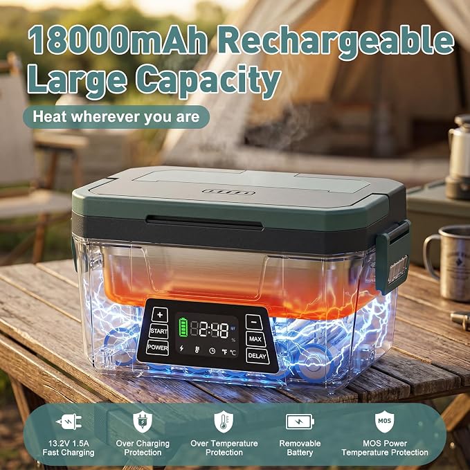 Cordless Electric Lunch Box for Adults, APP Control Heated Lunch Box for Men, 18000mAh Battery Powered Portable Food Warmer w/ Timer, Auto Heating 5-side Rechargeable 248°F for Work/Outdoor/Gifts
