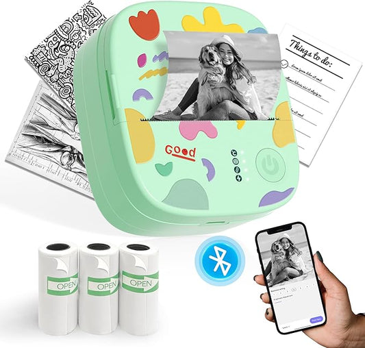 Mini Sticker Printer AHM2, Mini Thermal Printer with 3 Rolls Paper, Portable Bluetooth Inkless Printpods, Pocket Label Maker Suitable for Kids Creative DIY, Diaries, Photos, Study Notes-Green