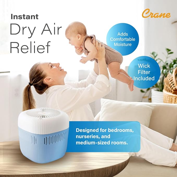 Crane Evaporative Humidifier, Wick Filter, Dishwasher Safe Tank, UV Light, No White Dust, Whisper Quiet, Bedroom Nursery Office, 1.9L Tank, Up To 250 SQ FT