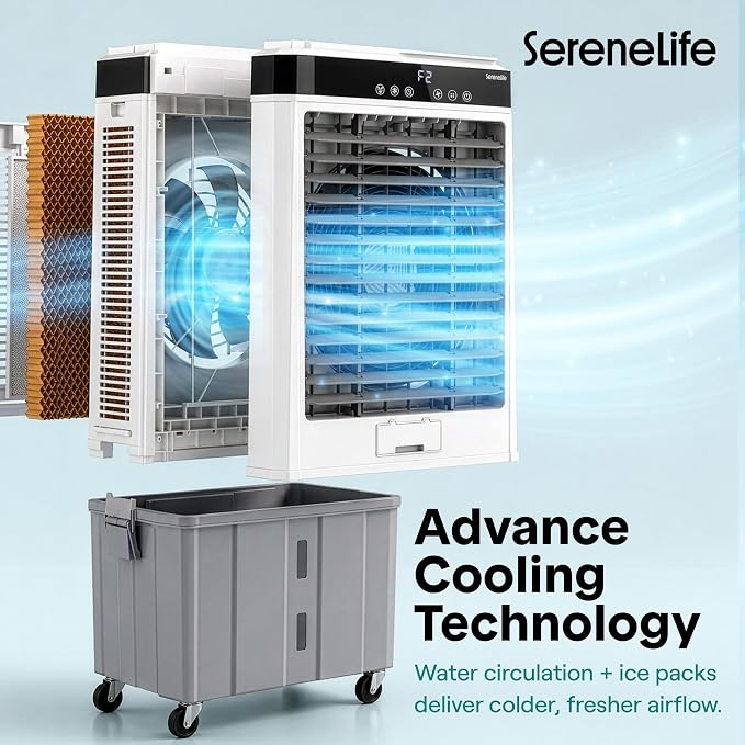 SereneLife Portable Swamp Cooler with 4000 CFM Power - Heavy-Duty Evaporative Air Cooler for Large Indoor & Outdoor Spaces, 65L Tank, 60° Oscillation, 12-Hour Timer, Wi-Fi & Remote Control