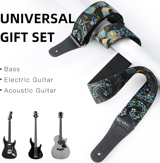 Guitar Strap, Embroidery Jacquard Adjustable Guitar Straps for Acoustic/Bass/Electric Guitar, Includes Guitar Pick, Strap Button and Strap Lock, Constellation Gift (Pisces)