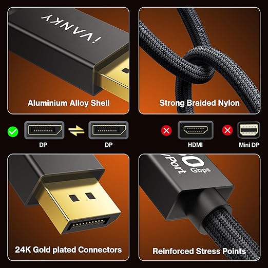 IVANKY 80Gbps VESA Certified DisplayPort Cable 2.1, 16K Display Port 2.1 Cable, [16K@60Hz,8K@240Hz,4K@540Hz 480Hz 240Hz, HDR DSC], DP80 Display Cord for Monitor, Graphics 5090 7900XTX-6.6FT