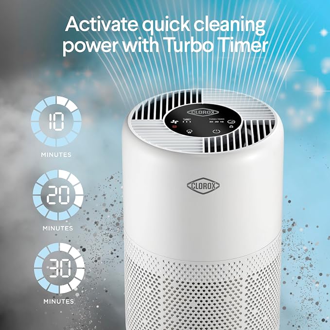 Clorox Turbo Air Purifiers for Home, True HEPA Filter, Quickly Cleans Small Rooms Up to 613 Sq Ft, Reduces 99.9% of Mold, Viruses, Wildfire Smoke, Allergens, Pet Allergies, Dust, Whisper Quiet