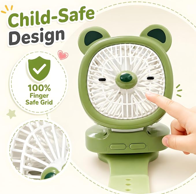 Personal Fan with Wrist Strap - Battery Operated, USB Rechargeable Fan Portable, LED Lights, 3 Adjustable Speed - Portable Fans for Kids Children Boys Girls Indoor Outdoor (Green)