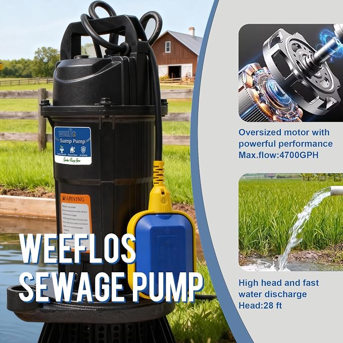 1.0HP Submersible Sump Pump, Automatic Water Pump w/ 4200 GPH High Flow, 18ft Max Head, for Dirty Water Removal, Flooded Basement, Swimming Pool Cover, Hot Tubs, Aluminum (1HP/28FT)