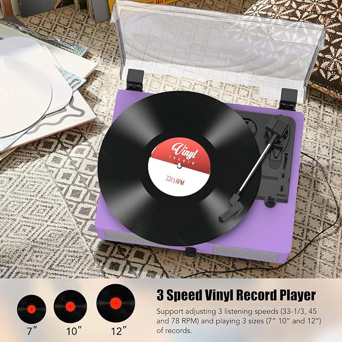 Vinyl Record Player with Built-in Speakers and USB,Belt-Driven Bluetooth Turntable with 3 Speed AUX Input Headphone Jack and RCA Output Vintage Wooden Purple