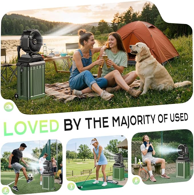 4 Gal Large Misting Bucket Fan Portable, 40000mAh Rechargeable Mister Fan with Retractable Handle & Oscillating Camping Fan for Patio/Beach/Fishing/Golf/Travel Essentials