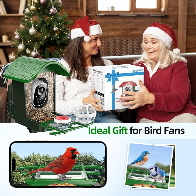 3K HD Smart Bird Feeder with Camera, 2.4GHz WiFi Solar Powered Smart Feeder, AI Bird Species Identification & Real-Time App Alerts, Chew-Proof & Waterproof for Outdoors（Green）-1