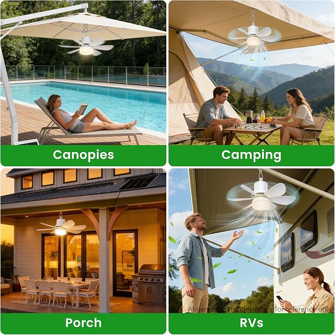 Solar Ceiling Fan with Light, 18000mAh Rechargeable Portable Camping Fan with Remote, 450CFM Strong Airflow, 17.5'' Battery Powered Ceiling Fan for Outside Gazebo, Canopy, Tent, RV