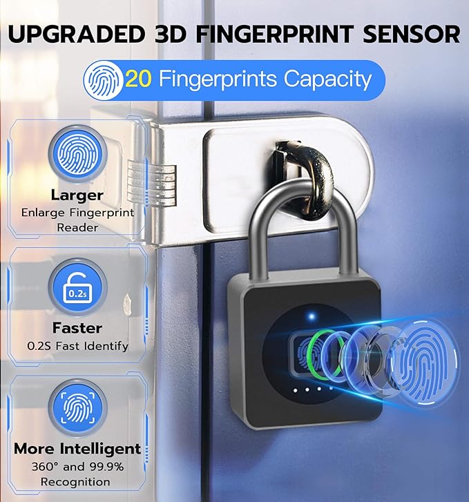 eLinkSmart Fingerprint Gym Locker Lock, Keyless Biometric Padlock, Weatherproof Electronic Digital Bluetooth App Smart Combination Pad Lock for Outdoor Fence Gate Storage Unit Pool Shed - Black