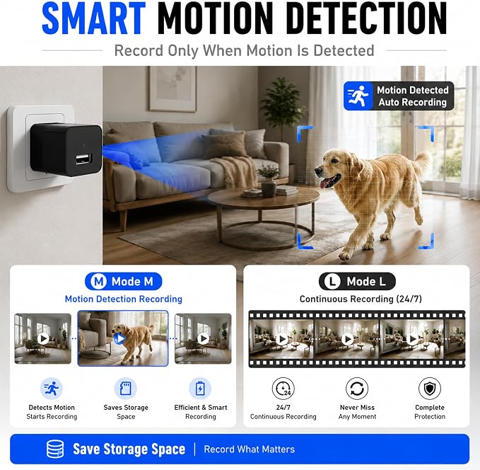 64G USB Charger Hidden Camera, 1080P Motion Detection Indoor Security Camera with SD Card Included, No WiFi/Monthly Fee, 106° Wide Angle, Local Storage Home Monitoring Device (2026 Upgraded)