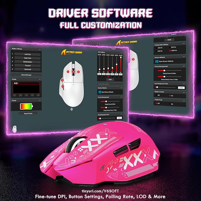 MAMBASNAKE×Attack Shark V6 65g Lightweight RGB Gaming Mouse with Magnetic Charging Dock, BT/2.4G Wireless/Wired 1K Polling Rate, 25K DPI, Programmable Mice for PC/Mac/Laptop(Berry&Stickers)