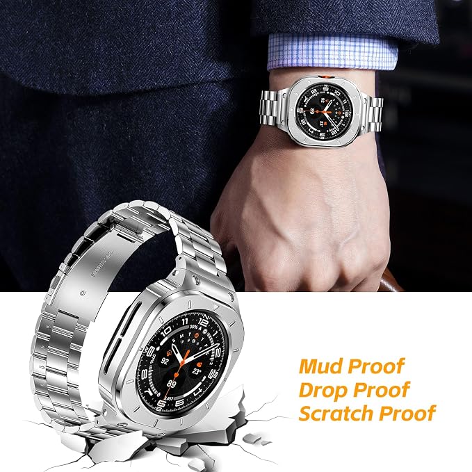 SUPLINK Stainless Steel Case and Band Compatible with Galaxy Watch Ultra Bands Men (2025/2024), Rugged Protective Case Bumper Adjustable Metal Bands for Samsung Watch Ultra Band 47mm, Silver