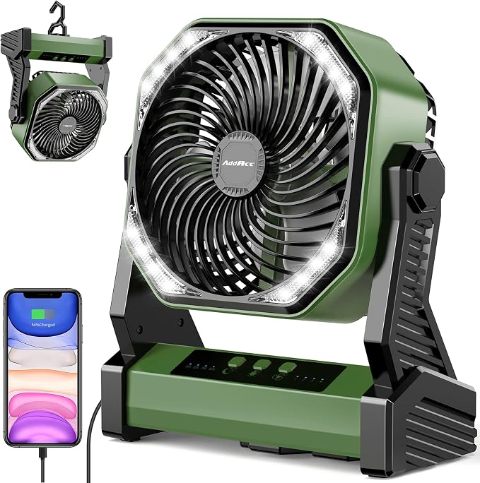 20000mAh Battery Powered Camping Fan, 58Hrs Rechargeable Portable Fan, 400LM Light, 360° Hook, Whisper Quiet Battery Operated Fan for Outdoor Car Travel Gear Essentials Power Outages Co-brand AMACOOL