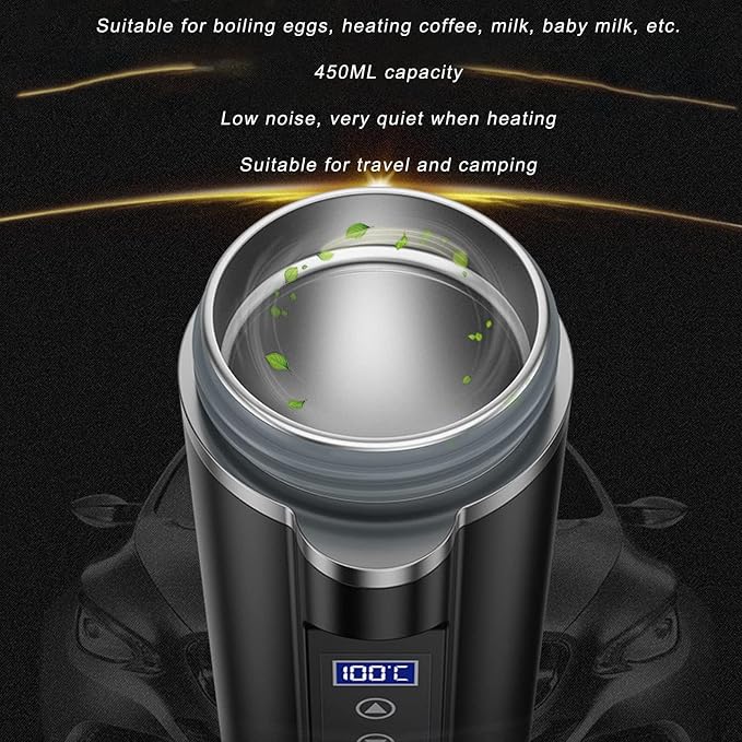 450ml Car Electric Kettle, 12V/24V 30-100℃ Adjustable Portable Water Boiler Heated Mug Car Heating Cup Coffee Warmer with Cigarette Lighter and Tea Filter for Truck RV Travel Camping Road Trip