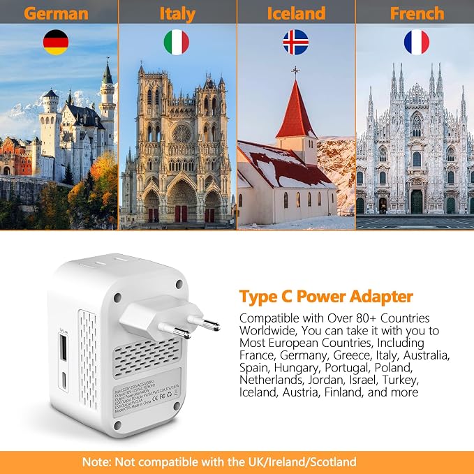 220V to 110V Voltage Converter US to Europe International Universal Travel Adapter,20W PD with 2 USB A 2 Type-C Port,Worldwide Power Converter Plug Combo US to Italy Spain Greece White-NX
