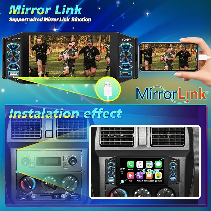 Car Stereo with Wireless Apple Carplay & Android Auto, 5" IPS Single Din Touchscreen Radio, Bluetooth 5.2, Physical Knob Control, Waterproof Backup Camera, FM AM, MirrorLink, USB/Type-C, Navigation
