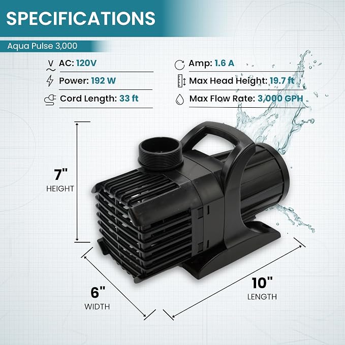 Aqua Pulse Submersible Pond Pump, 3,000 GPH, 33 ft Cord | 19 ft max head, 192W energy efficient, Ultra quiet, For koi ponds, Waterfalls, Fountains