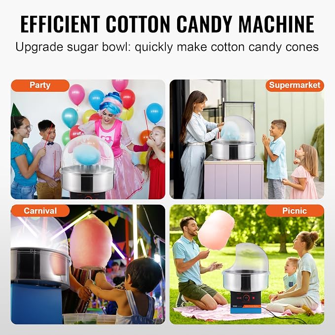 VEVOR Cotton Candy Machine Commercial, 1000W Electric Floss Maker with Cover, Stainless Steel Bowl, Sugar Scoop, Storage Drawer, Perfect for Home, Carnival, Kids Birthday, Family Party, Blue