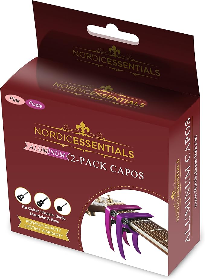 Guitar Capo (2 Pack) for Acoustic Guitars, Ukulele, Banjo, Mandolin, Bass - Made of Ultra Lightweight Aluminum Metal (1.2 oz!) for 6 & 12 String Instruments - Nordic Essentials (Pink+Purple)