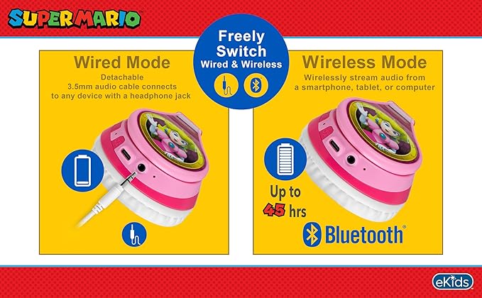 Princess Peach Bluetooth Headphones for Kids Wireless Headphones for School