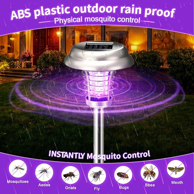 4 Pcs Solar Bug Zapper Outdoor Waterproof Mosquito Repellent Light Solar Power Fly Killer Lamps for Moths, Gnats, Fly, Small Flying Insect Backyard Garden Lawn (Plastic,Purple & Colorful Light)