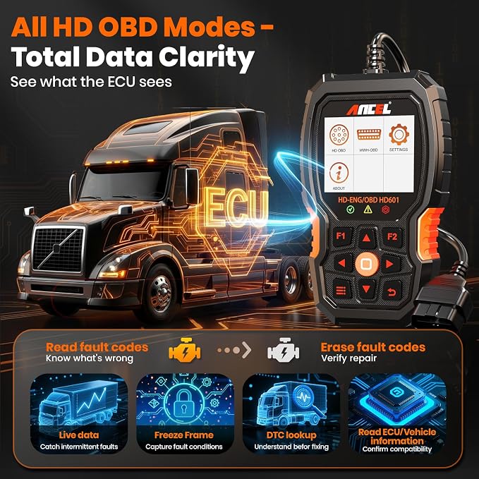 ANCEL Heavy Duty Truck Scanner HD601 All System Diesel Diagnostic Scan Tool fits for Cummins, Detroit, Freightliner, International, Paccar, Check Engine for Truck & Car 2 in 1 Code Reader
