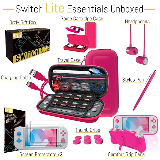 Orzly Accessories Bundle for Switch Lite - Case & Screen Protector for Nintendo Switch Lite Console, USB Cable, Games Holder, Comfort Grip Case, Headphones, Thumb-Grip Pack & More - Pink