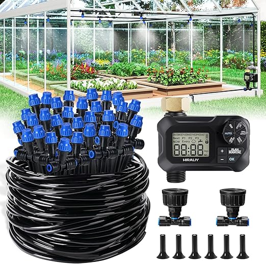 HIRALIY 118FT Drip Irrigation Kit with Water Timer, Quick-Connect Garden Watering System with 30 Adjustable Misting Nozzles, 1/4 in Tubing for Greenhouse, Raised Beds & Hanging Plants
