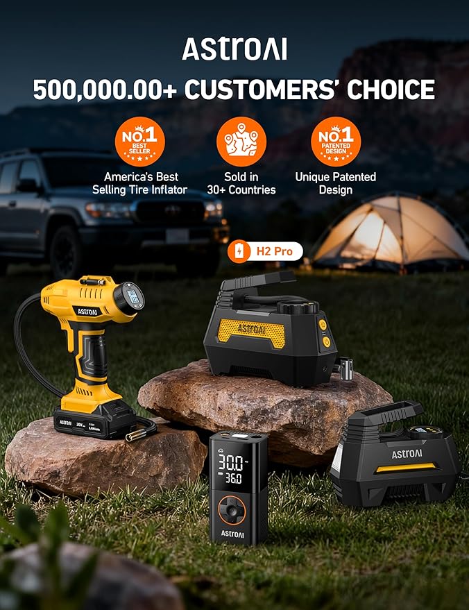 AstroAI H2 Pro Cordless Tire Inflator Portable Air Compressor Tire Pump with DC 12V & Battery Dual Power Supply Digital Pressure Gauge Fast Inflation Air Pump for Car Tires Motorcycles Bikes Yellow
