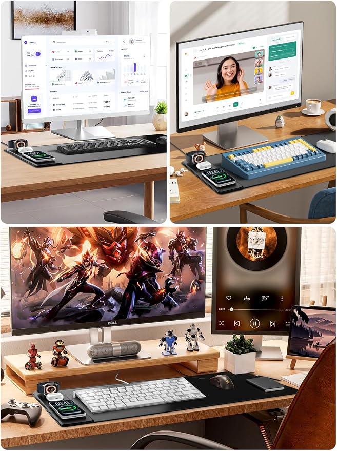 Mouse Pad with Wireless Charging for Phone/AirPods/Apple Watch, 31.5"x15.8" Large, Waterproof Smooth Surface, Non-Slip Base, with Adapter