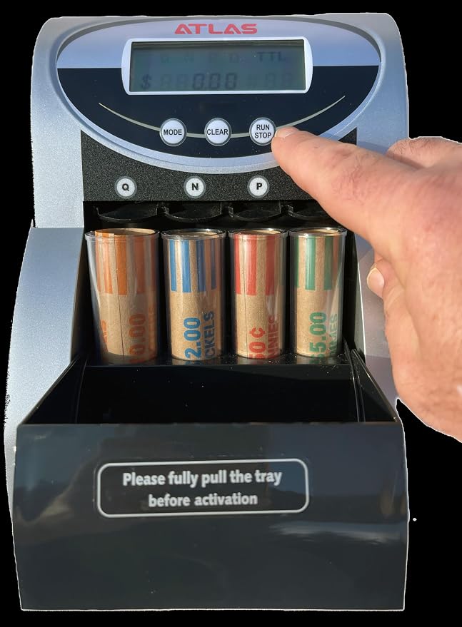 ATLAS Automatic Coin Counter and Coin Sorter with Digital Display (AC-150D) - 5 Coin Counting Modes: Total, Pennies, Nickels, Dimes, Quarters. Auto-Stop When Coin Roller is Full. | Quickly counts and sorts 3 rolls of coins per minute