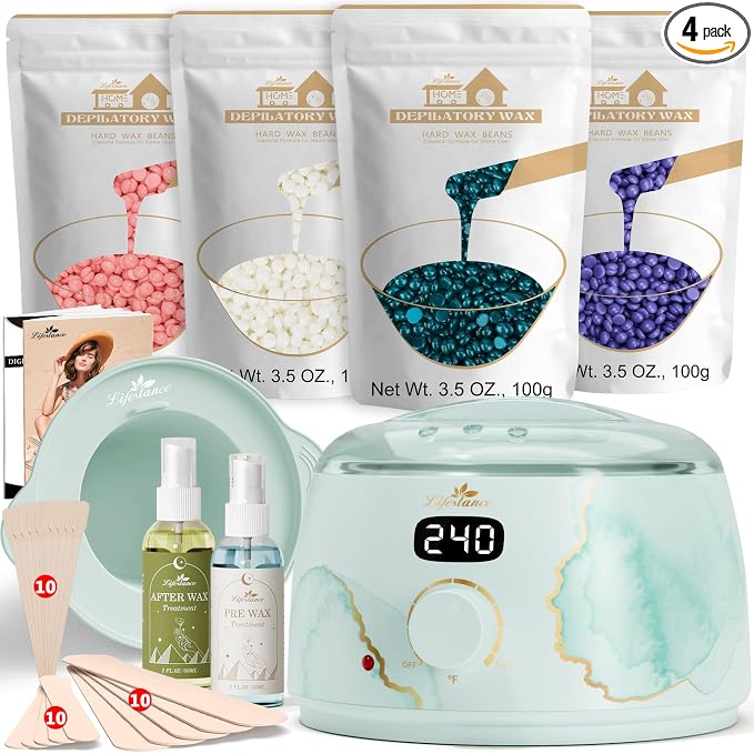 Lifestance Waxing Kit for Women & Men - L3 Serene Gold Digital Warmer, Silicone Wax Pot Liner, Hair Removal Kit with 14.1oz Hard Wax Beads & Oil Spray, Professional for Home Brazilian Bikini Face Leg