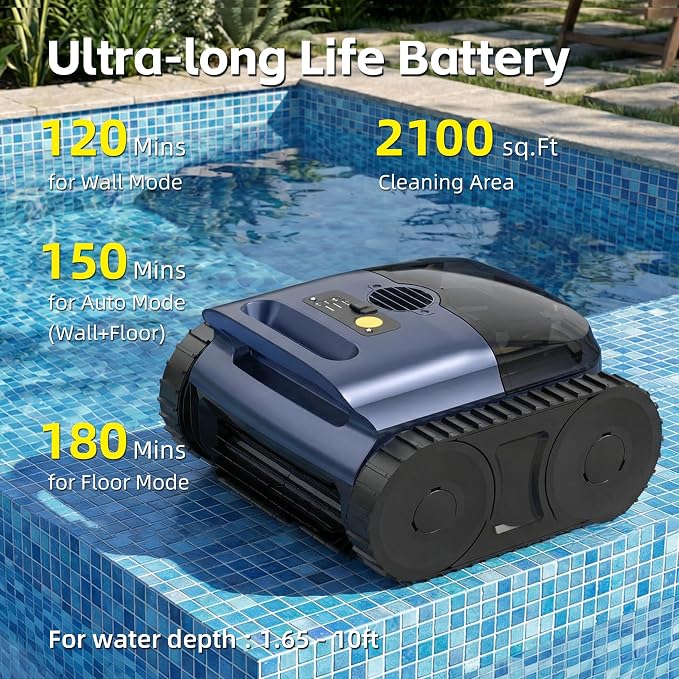 Pool Vacuum for Inground Pool, Cordless Pool Cleaner Robot with Smart Navigation, Self-Parking, LED Indicator, Wall&Waterline Above Ground Pool Vacuum Cleaning up to 2150 Sq.ft