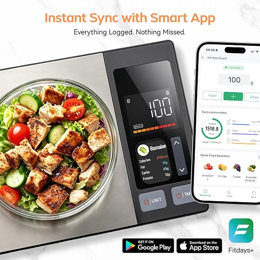 Smart Food Scale with App & TFT Display – Digital Food Scale for Calorie & Macro Tracking, 50 Built-in Foods, 23 Nutrients Analysis for Weight Loss & Meal Prep, Gray Silver