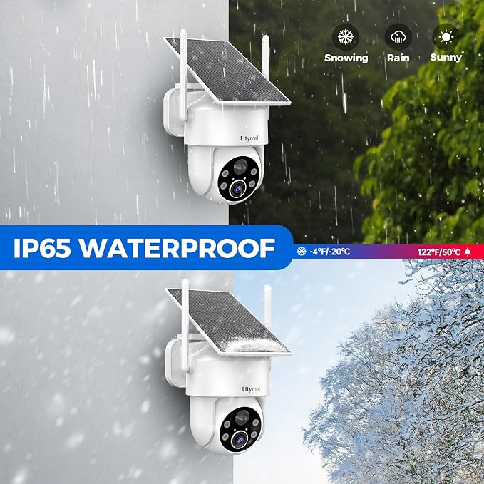 LITYMOL 2K 360° View Security Cameras Wireless Outdoor, Solar Cameras for Home Security, Color/IR Illumination Night Vision, AI Detection, 2-Way Audio, Siren Alarm, SD/Cloud Storage, 2.4g WiFi