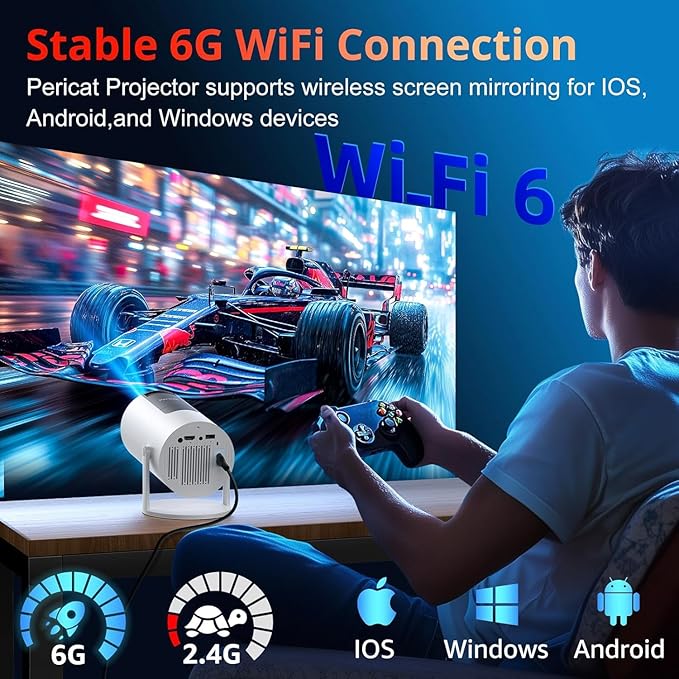 [Auto Keystone] Mini Projector with WIFI and Bluetooth, Pericat Portable Movie Projector with 210° Rotatable, 4K 1080P Home Theater Projector Compatible with Smartphone, TV Stick, Laptop, HDMI, USB