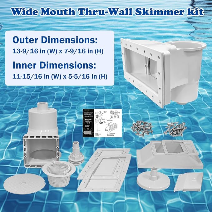 Above Ground Pool Skimmer Kit- Wide Mouth Opening Thru-Wall Skimmer- Outer Dimensions：13-9/16 in (W) x 7-9/16 in (H) ，Inner Dimensions 11-15/16 in (W) x 5-5/16 in (H)