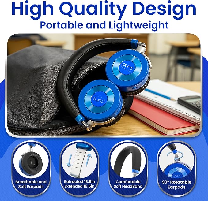 Puro Sound Labs JuniorJam Plus Volume-Limiting Wireless Bluetooth Headphones for Kids, Secure Audio with Adjustable On-Ear Design, 22-Hour Battery Life, Ideal for Tablets, Smartphones & PCs - Blue