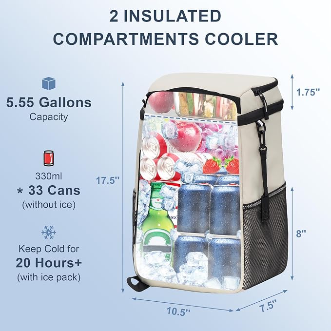 SPARTER Backpack Cooler Insulated Leak Proof 33/49 Cans, 2 Insulated Compartments Thermal Bag, Portable Lightweight Beach Travel Camping Lunch Backpack for Men and Women