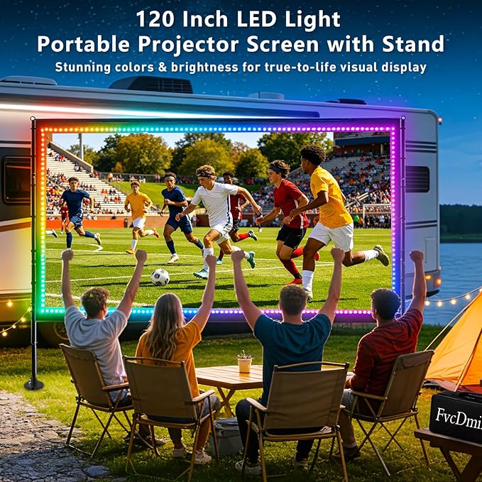 120 inch Outdoor Projection Screen with Stand, Smart RGB+IC String Lights, 4K 16:9 Wrinkle Wind Resistant Movie Screen, Foldable Portable Projector Screen for Backyard Camping Home Theater