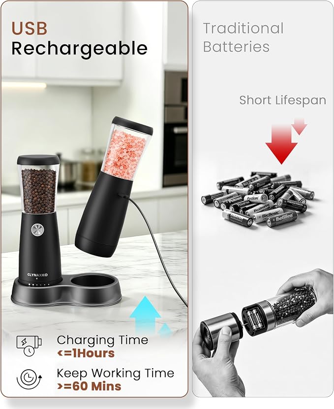 Electric Salt and Pepper Grinder Set, Stainless Steel Automatic Salt and Pepper Grinder Set, Upgraded 110ml Capacity, Adjustable Coarseness & LED Light, One-Handed Operation, Ideal Kitchen Gadget