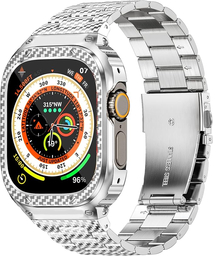 MioHHR Stainless Steel Band and Case Compatible with Apple Watch Band 49mm, Men Metal Protective Bumper Cover for iWatch Series Ultra 3/2/1, Silver Pattern